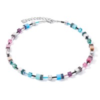 COEUR DE LION Geo Cube Soft Pink, Blue & Shining Silver Necklace 2840/10-1544